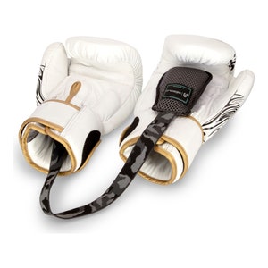 Glove deodorisers shown inside Thai boxing gloves. Deodorisers have a grey camo hanging strap.