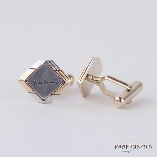 Vintage Pierre Cardin Two Tone Shiny Gold and Silver Color Geometric Design Cufflinks | Gift for Him