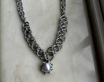 Handmade Stainless Steel Chainmail 16 inch Necklace with Natural Freshwater Pearl Sodered Pendant