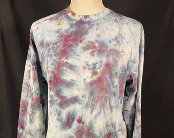 Medium Ice Dyed Long Sleeve T-Shirt, Pink Blue Gray Hand Dyed Tee, One of a Kind Tie Dye Shirt, Boho Festival Clothing
