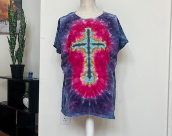 Bold Cross Design Hand dyed Women’s Ice Dyed Tie Dye  (2XL) T-Shirt –