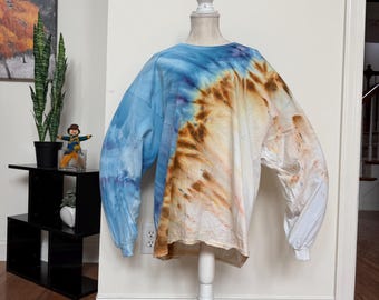 Split Ice Dye 3XL Long Sleeve T-shirt in Blues, Purple, and Sand.