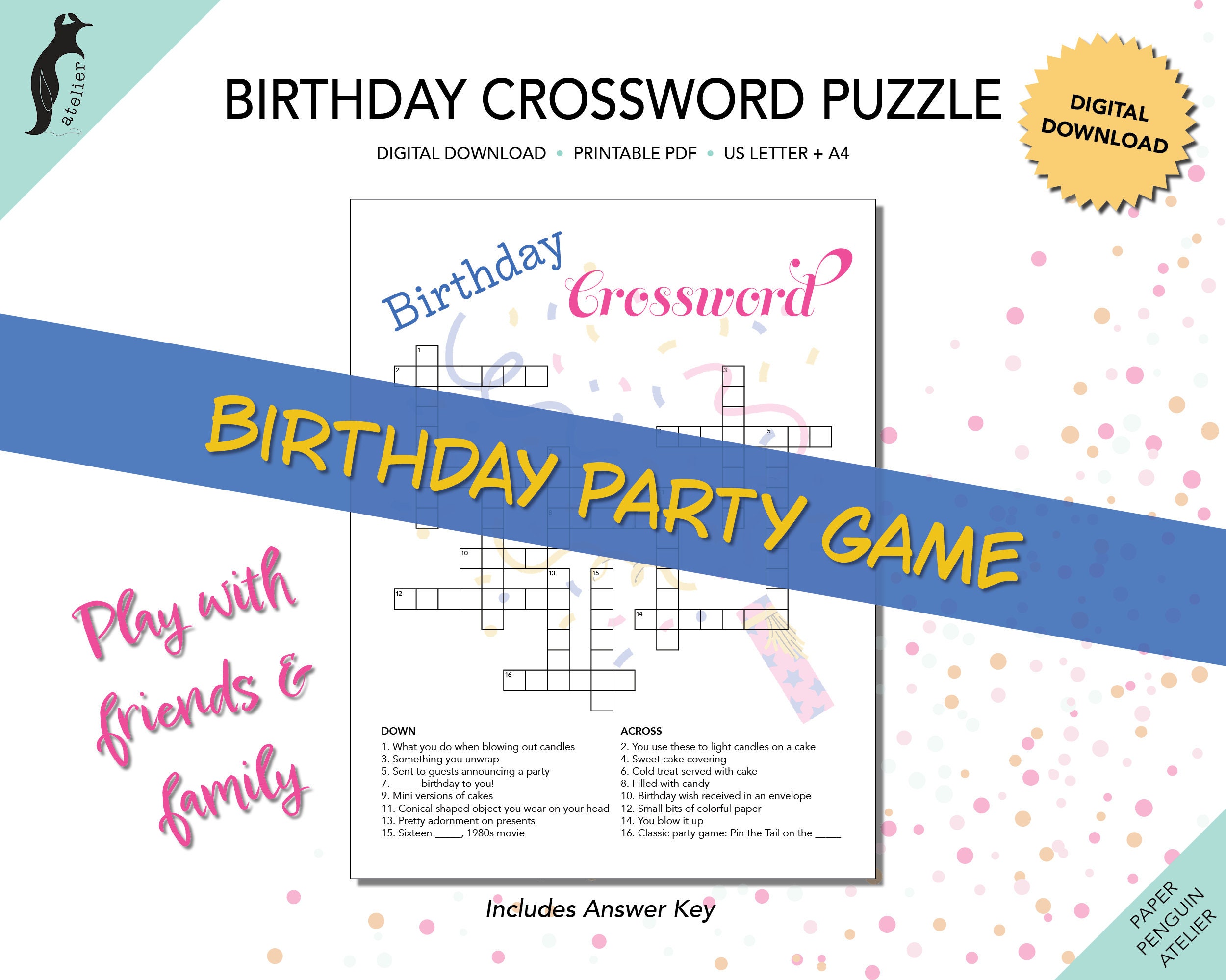 Birthday Crossword Puzzle Party Game Print at Home Birthday Fun Birthday Crossword Puzzle Party Game Print at Home Birthday Fun