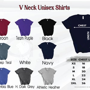 May include: A selection of V-neck unisex shirts in various colors, including maroon, purple, black, and navy. The image also displays a size chart with chest and length measurements in inches for sizes XS to 2XL.