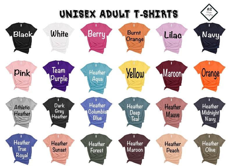May include: A display of various unisex adult t-shirts in a variety of colors, including black, white, pink, and navy. Each shirt has its color name printed in white. The shirts are arranged in rows and columns.