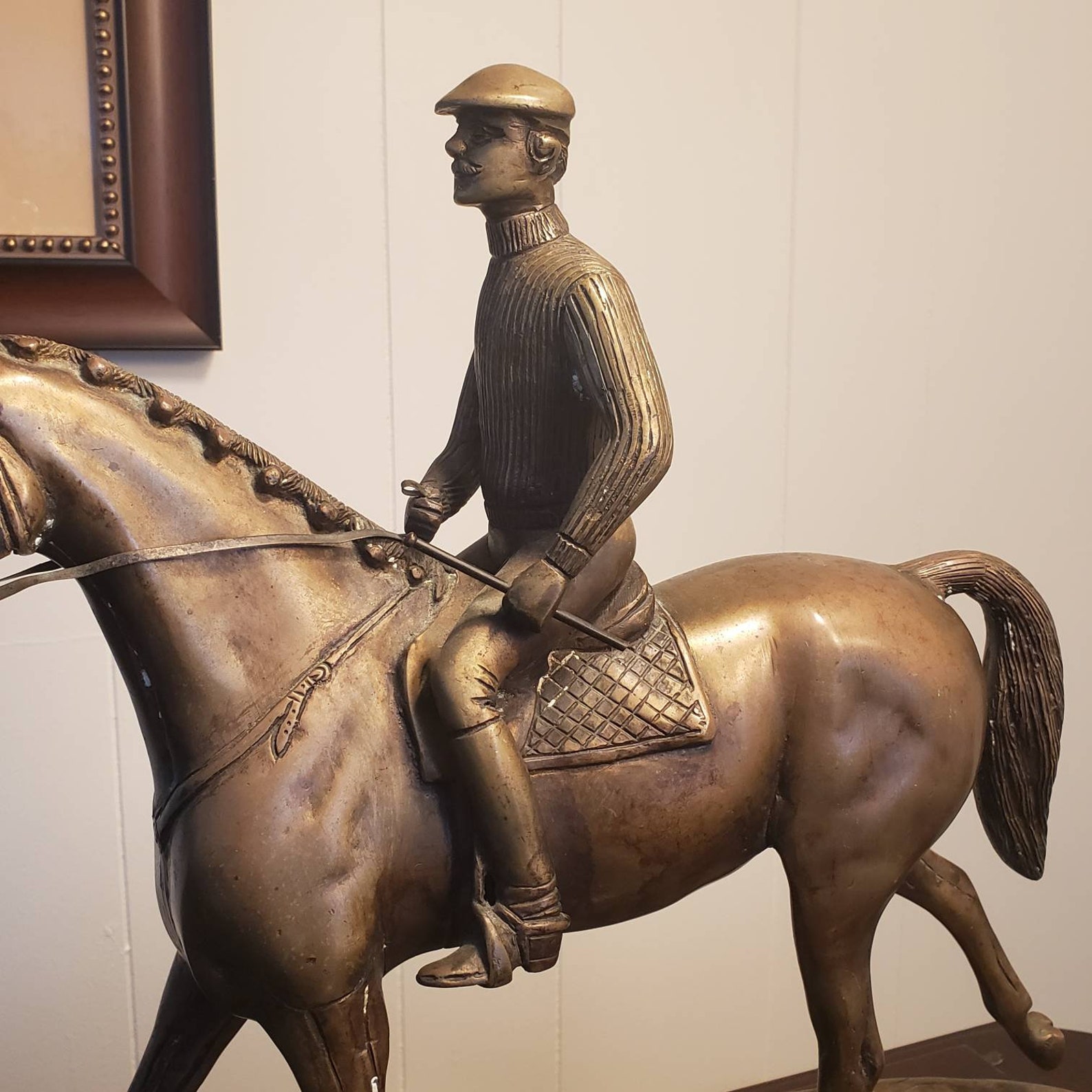 Vintage Bronze Cast Horse and Rider on Wood Base Large Heavy Home Decor