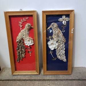 Vintage 1960s Seashell Bird Art: Framed Floral Wall Decor Set