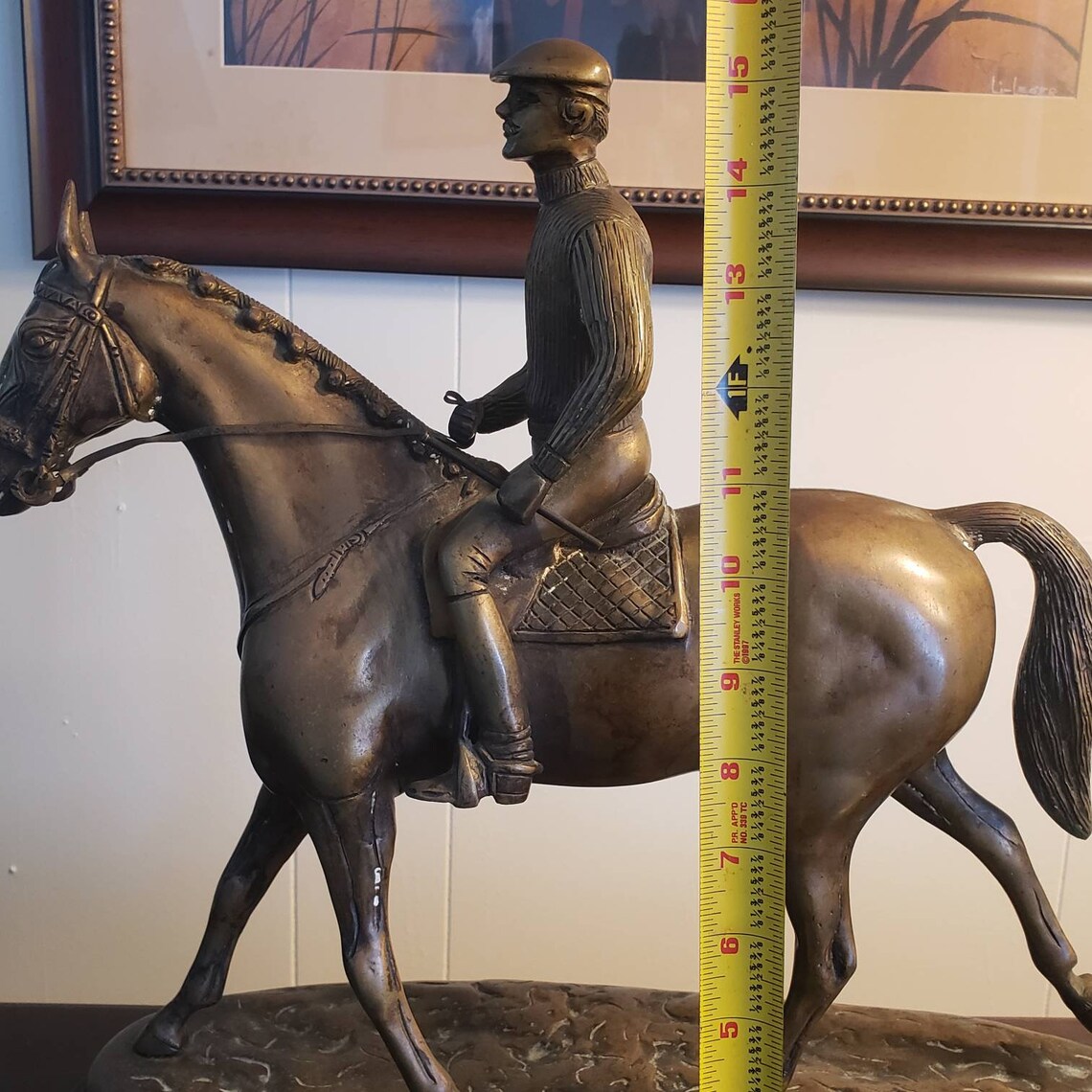 Vintage Bronze Cast Horse and Rider on Wood Base Large Heavy Home Decor