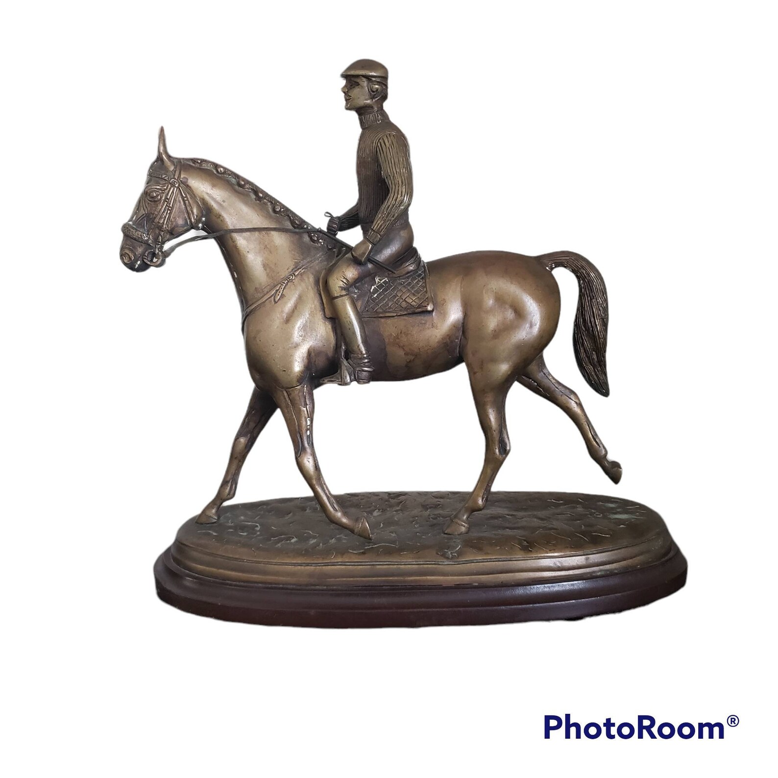 Vintage Bronze Cast Horse and Rider on Wood Base Large Heavy Home Decor