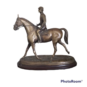 Vintage Bronze Horse and Rider Statue on Wood Base
