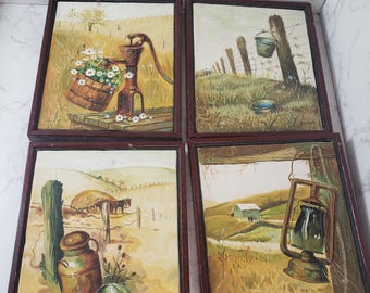 J S Kim Signed (4) Set of Framed Folk Art Oil Paintings on Canvas Americana Barn Landscape