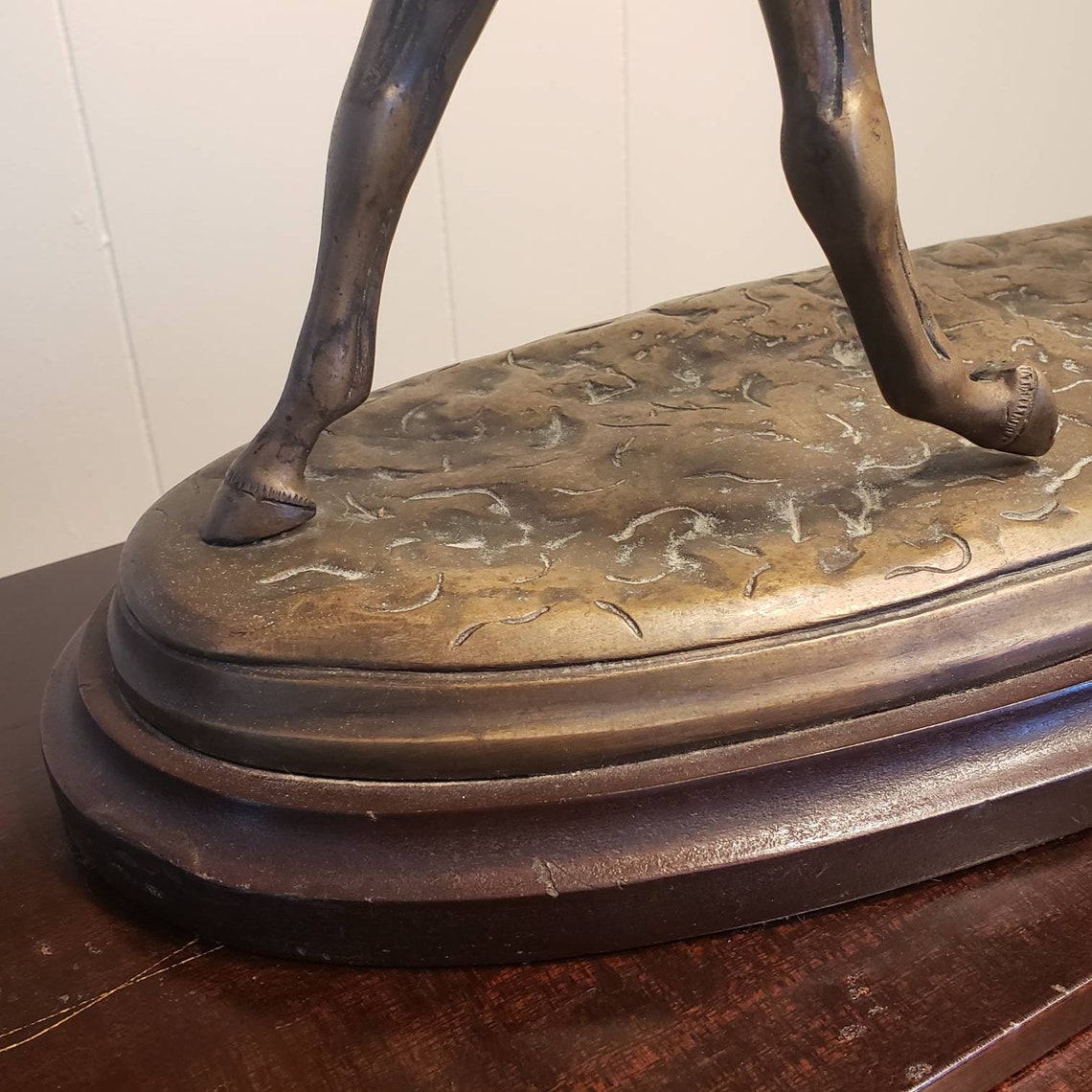 Vintage Bronze Cast Horse and Rider on Wood Base Large Heavy Home Decor