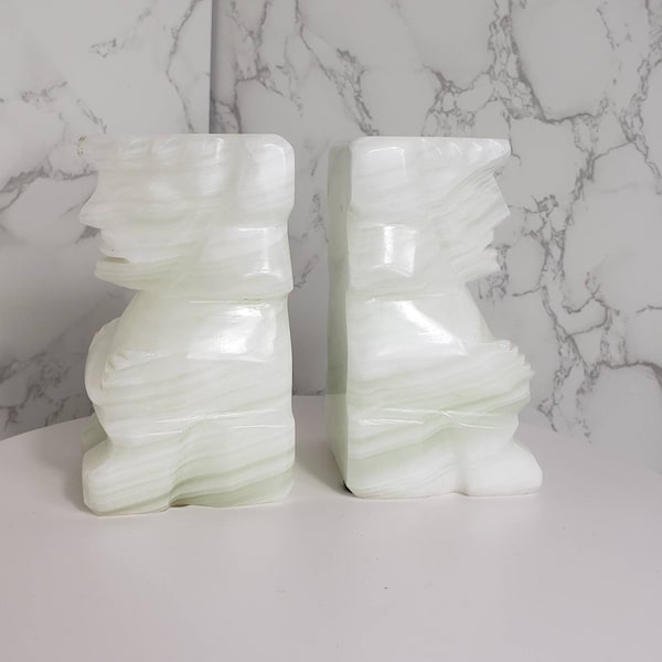 Vintage White Green Onyx Stone Hand Carved Aztec Tribal Bookends Collectible Free Shipping