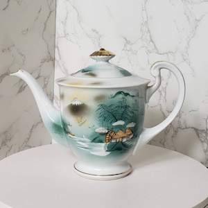 Vintage Kutani Japan Porcelain Teapot: Hand-Painted Mount Fuji Scene