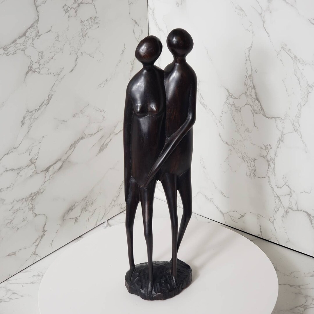 Vintage Wood Hand Carved Couple Man Woman Statue Home Decor Collectible ...