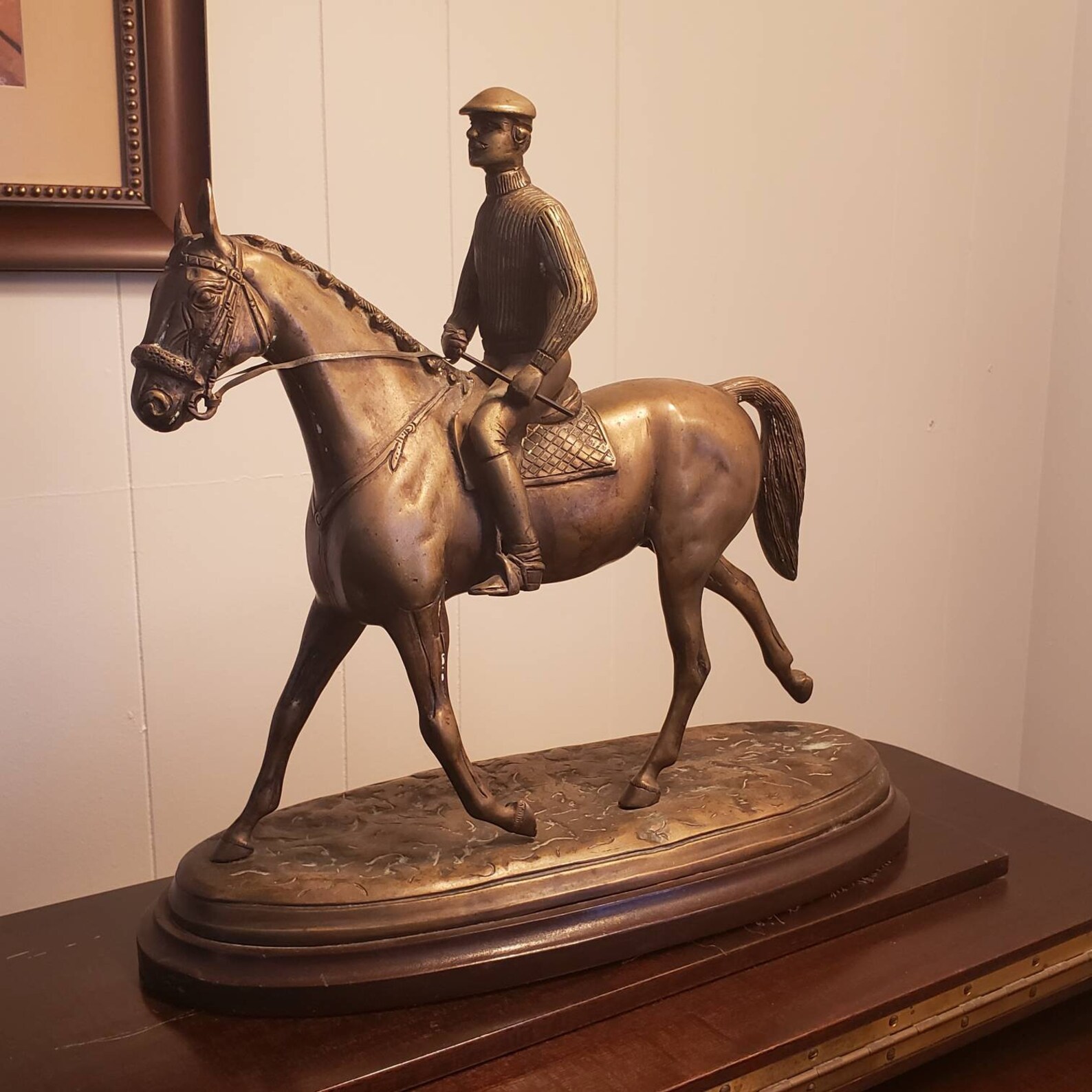 Vintage Bronze Cast Horse and Rider on Wood Base Large Heavy Home Decor