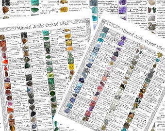 Op de afbeelding: Twee witte informatiekaarten getiteld Mineral Junky Crystal Life met rijen van diverse kleurrijke mineraal- en kristalfoto's, vergezeld van beschrijvende tekst, astrologische symbolen en metafysische eigenschappen voor elke vermelde steen.