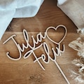 Personalized wooden cake topper with heart and names, for weddings and engagements, for men, women, Mr, Mrs, and in 3D lettering product logo