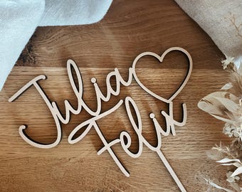 Caketopper personalisiert aus Holz mit Herz und Namen, Hochzeit und Verlobung, Mann, Frau, Mr, Mrs., 3D Schriftzug