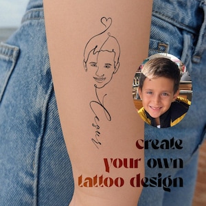 Custom Line Art Tattoo Design – Personalized Child Portrait Tattoo – Minimalist Family Tattoo with Name – Unique Mother’s Tribute Ink