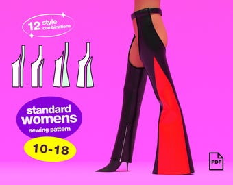 Striped Chaps Sewing Pattern (10-18) For Women's Costume Bell Bottoms Straight Leg Pants Rave Festival Western Costume Leather Multi