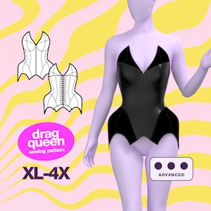 May include: A black corset with a pointed, wing-like bottom. The corset is on a mannequin with purple skin. The image also includes a line drawing of the corset pattern. The text "drag queen sewing pattern" and "XL-4X" are also included in the image. The text "ADVANCED" is also included in the image.