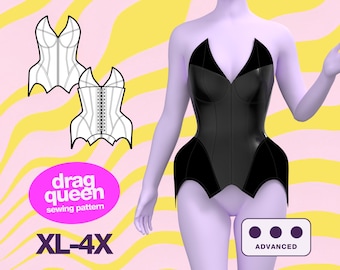 May include: A black corset sewing pattern featuring a pointed neckline and hip panels. The image includes technical line drawings of the front and back, the text "drag queen sewing pattern", "XL-4X", and a box labelled "ADVANCED" with three dots.