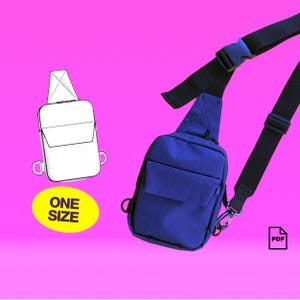 May include: A blue sling bag with a black adjustable strap and a small front pocket. The bag has a zipper closure and a metal clasp. A white outline of the bag is also shown. The text "ONE SIZE" is in a yellow oval.