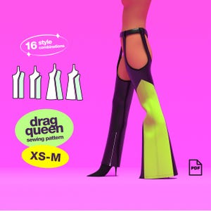 May include: A digital illustration of a drag queen wearing a black and green pair of pants with a cut-out design. The pants have a zipper detail on the side. The illustration is on a pink background. The text "drag queen sewing pattern XS-M" is included in the image. The text "16 style combinations" is also included in the image.