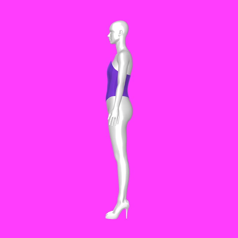 May include: A white mannequin wearing a purple one-piece swimsuit and high heels.