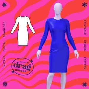 May include: A printable sewing pattern for a long-sleeved, knee-length dress. The pattern is made for drag queens and features a simple, fitted silhouette. The dress is shown in white and blue.