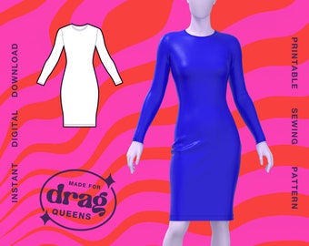 Patrón de costura de vestido elástico drag queen bodycon (tallas XS -4X) PDF Traje de moda Prom Fantasy Goth Fairy Plus Size Falda manga larga