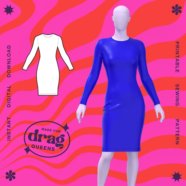 Drag Queen Bodycon Stretch Dress Sewing Pattern (Sizes XS -4X) PDF Fashion Costume Prom Fantasy Goth Fairy Plus Size Skirt Long Sleeve