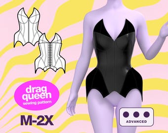 May include: A black corset with a pointed, v-shaped neckline and a fitted bodice. The corset has a pointed, wing-like design at the bottom. The text "drag queen sewing pattern" and "M-2X" are visible. The text "ADVANCED" is also visible.