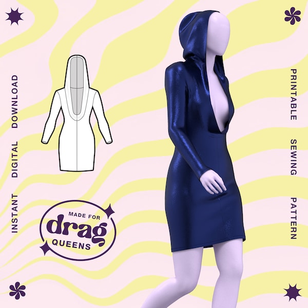 Hoodie Stretch Dress Sewing Pattern (Sizes XS -4X) PDF Drag Queen Fashion Costume Prom Rave Goth Long Sleeve Y2K Lady Gaga