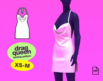 Patrón de costura para vestido con cuello vuelto (XS-M), disfraz de Drag Queen Y2K, fiesta, discoteca, rave, costura fácil, vintage, principios de los 2000, París, celebridad, minifalda drapeada