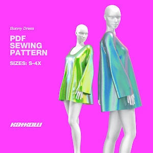 May include: A PDF sewing pattern for a "Bunny Dress" in sizes S-4X. The pattern is shown on two mannequins wearing iridescent green and blue dresses.