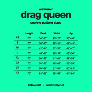 Peut inclure: Un tableau indiquant les tailles de patrons de couture pour les drag queens. Le tableau comprend les tailles XS &agrave; 4X et indique les mesures de la taille, du buste, de la taille et des hanches en pouces.