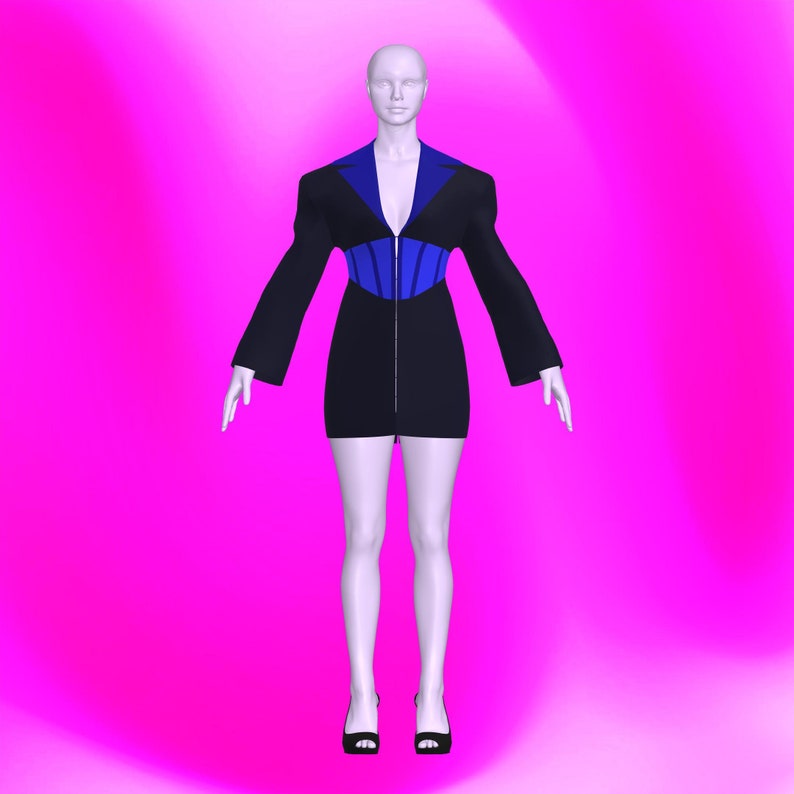 Peut inclure: Une mini-robe noire avec un corsage bleu de style corset et des manches longues. La robe est sur un mannequin avec des talons noirs.