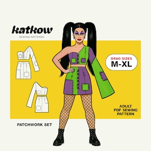 Könnte beinhalten: Illustration einer Dragqueen in einem Patchwork-Outfit in Grün und Lila. Das Bild enthält ein Schnittmuster für das Outfit mit dem Text "PATCHWORK SET" und "DRAG SIZES M-XL". Es ist ein PDF-Schnittmuster für Erwachsene.