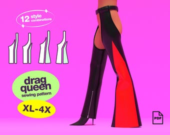 Striped Chaps Sewing Pattern (XL-4X) For Drag Queens Costume Bell Bottoms Straight Leg Pants Rave Festival Western Costume Leather Multi