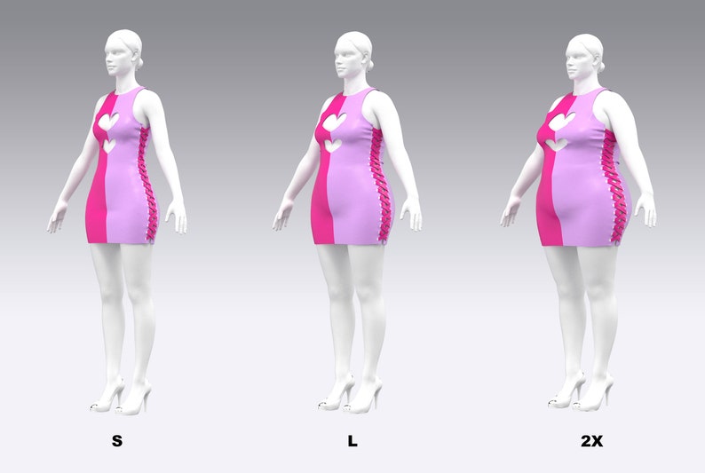 Puede incluir: Un vestido mini rosa y fucsia con un corte en forma de coraz&oacute;n y un detalle de encaje en el lateral. El vestido se muestra en tres tallas: S, L y 2X.