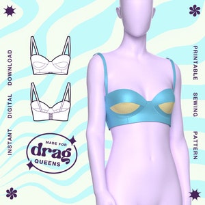 May include: Printable sewing pattern for a blue and yellow bra with a 'Made for Drag Queens' logo. The pattern is shown on a mannequin.