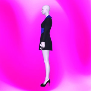 Peut inclure: Une robe noire avec une bordure bleue et une taille cintr&eacute;e. La robe est courte et a des manches longues. Le mannequin porte des talons hauts noirs.