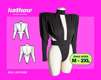 May include: A black long-sleeve leotard with a high mock neck, structured shoulder pads, and a deep front cutout. The garment features a wide waistband and high-cut leg openings. Text includes katkow SEWING PATTERNS, 80S LEOTARD, and DRAG SIZES M - 2XL.