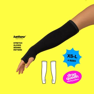 Puede incluir: Patrón de costura de guantes elásticos negros con el texto "katkow" y "STRETCH GLOVES SEWING PATTERN". El patrón incluye tallas XS-L. La imagen está sobre un fondo amarillo.