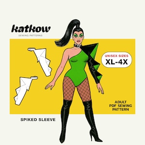 May include: Illustration of a person in a green and black bodysuit with a spiked sleeve design. The image includes the text "katkow SEWING PATTERNS", "SPIKED SLEEVE", and "UNISEX SIZES XL-4X". The image is on a yellow background.