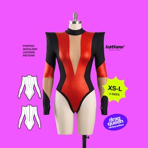 May include: A red, black, and nude bodysuit with a pointed shoulder design is displayed on a mannequin. The bodysuit has long sleeves and a high neckline. The text "POINTED SHOULDER LEOTARD PATTERN" is visible, along with the brand name "katkow" and the size range "XS-L".