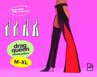 Striped Chaps Sewing Pattern (M-XL) For Drag Queens Costume Bell Bottoms Straight Leg Pants Rave Festival Western Costume Leather Multi