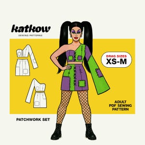 May include: A cartoon illustration of a drag queen in a patchwork outfit, with a matching skirt and one-sleeve top. The design is green and purple, with black stitching. The image includes the text "katkow SEWING PATTERNS" and "PATCHWORK SET". The size range is XS-M.